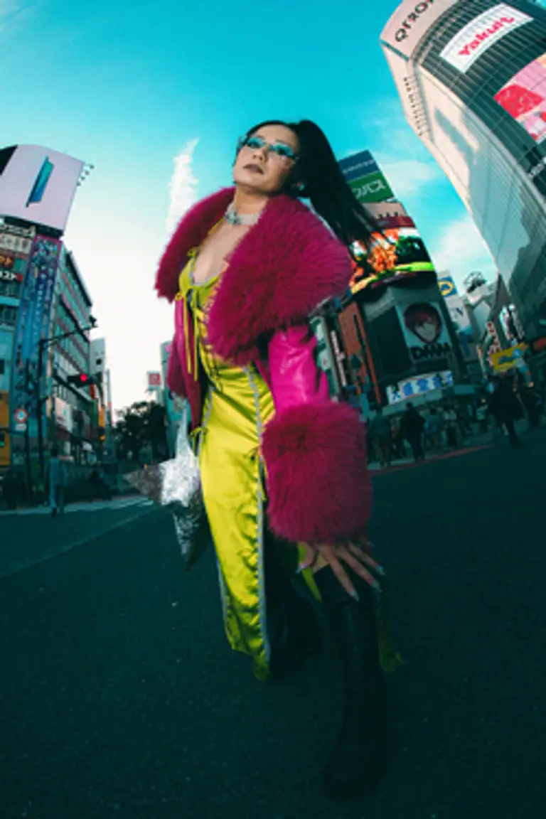 Magazine-cover styling on a Shibuya street